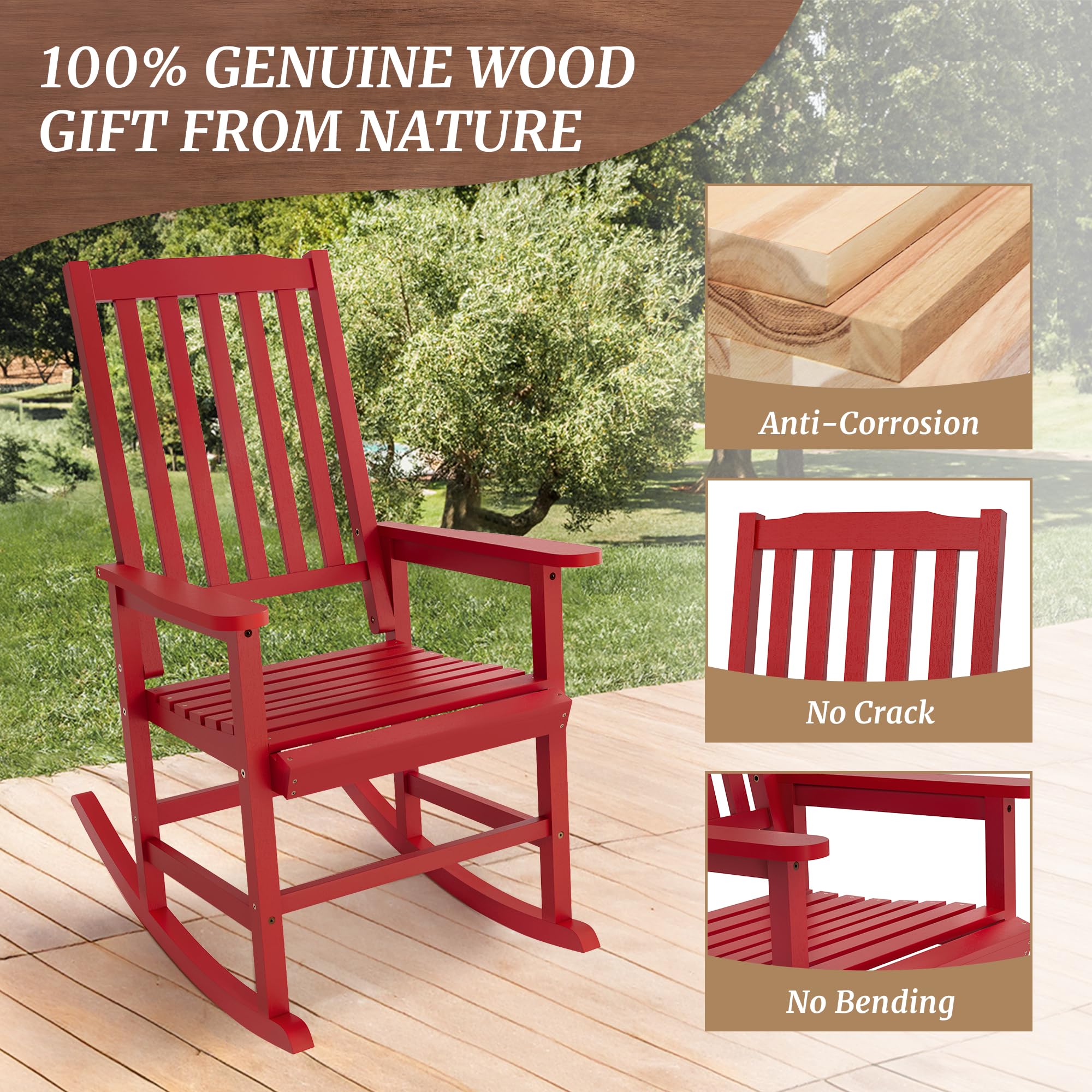 Cozyman Outdoor Rocking Chairs Set of 2, Acacia Wood Rocking Chairs, Patio Rocker Chair with Wide Seats, Red