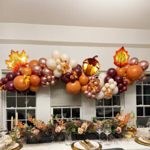 ECEAE 123Pcs Fall Balloon Garland Arch Kit, Burgundy, Orange, Nude, Metallic Rose Gold Balloons with Leaf Chestnut Balloons, for Autumn Thanksgiving Balloon Arch, Baby Shower Party Decorations