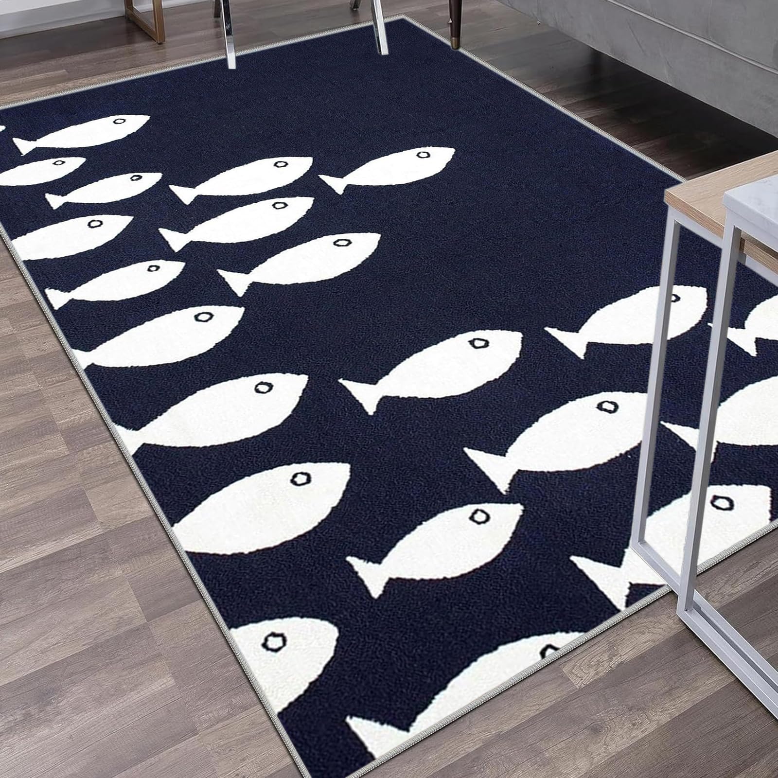 Indoor Coastal Area Rug Beach Rugs Non-Slip Nautical Dark Blue Machine Washable Rugs Modern Floor Carpet Entryway Doormat for Living Room Bedroom 2x3