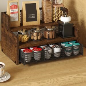 Tiaoheka Coffee Station Organizer for Countertop, Wood Coffee Bar Organizer with Drawer, Kcup Coffee Pod Holder Storage Box, K Cup Holder Organizer for Coffee Bar Accessories