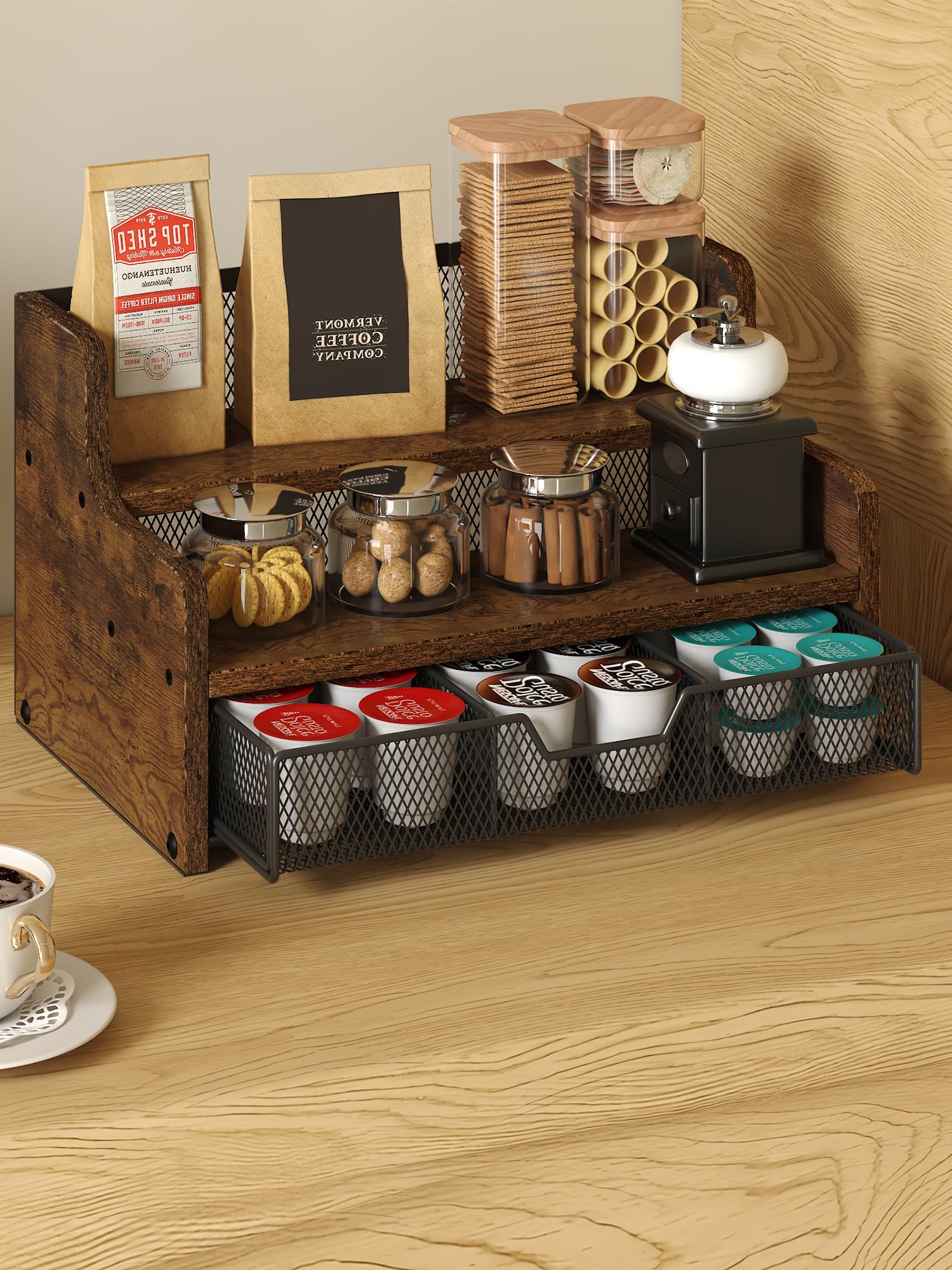 Tiaoheka Coffee Station Organizer for Countertop, Wood Coffee Bar Organizer with Drawer, Kcup Coffee Pod Holder Storage Box, K Cup Holder Organizer for Coffee Bar Accessories