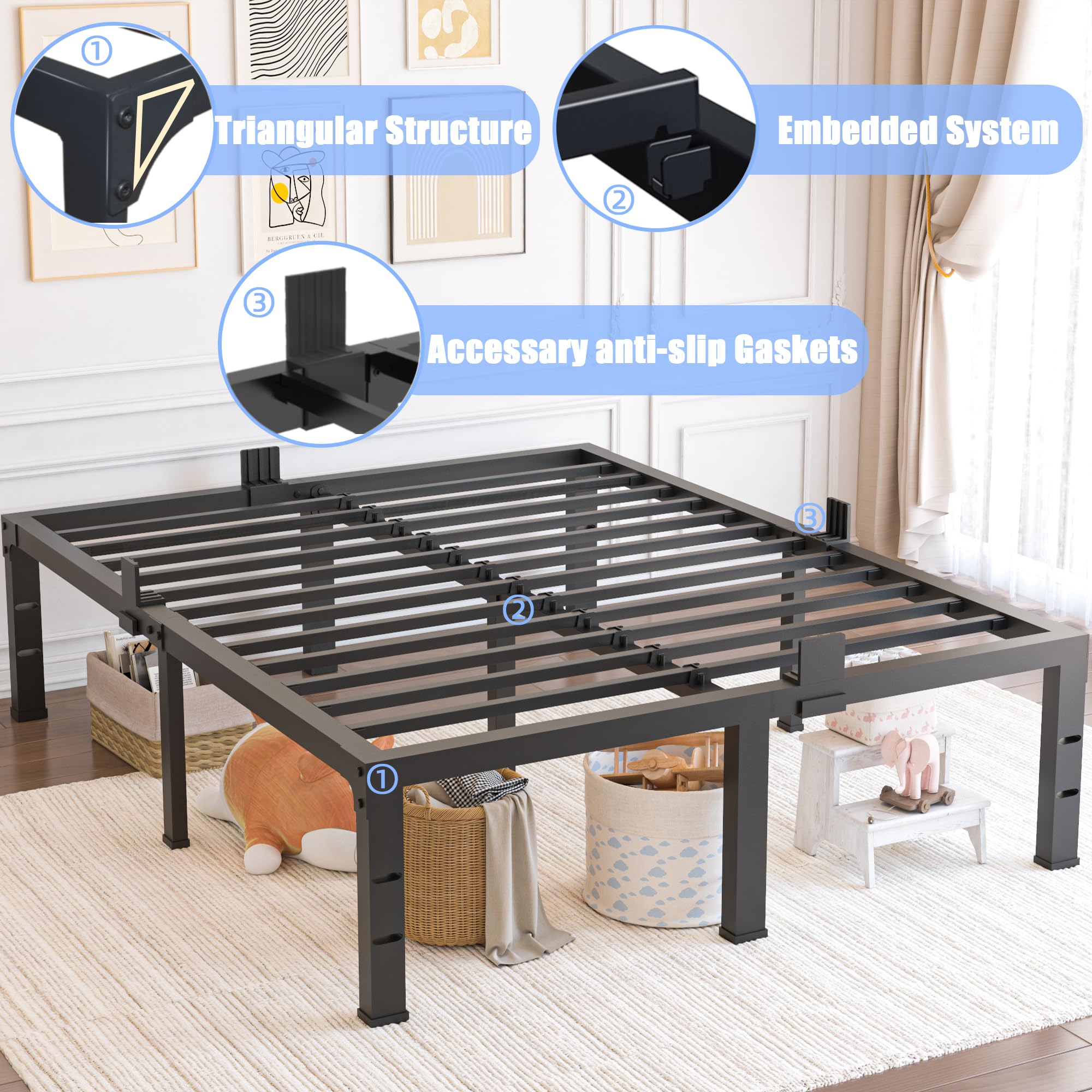 Yitong Angel Queen Bed Frame 12 inch High 3500 lbs Heavy Duty Metal Platform Mattress Foundation with Steel Slat Support/No Box Spring Needed/Noise Free/Non-Slip/Easy Assembly