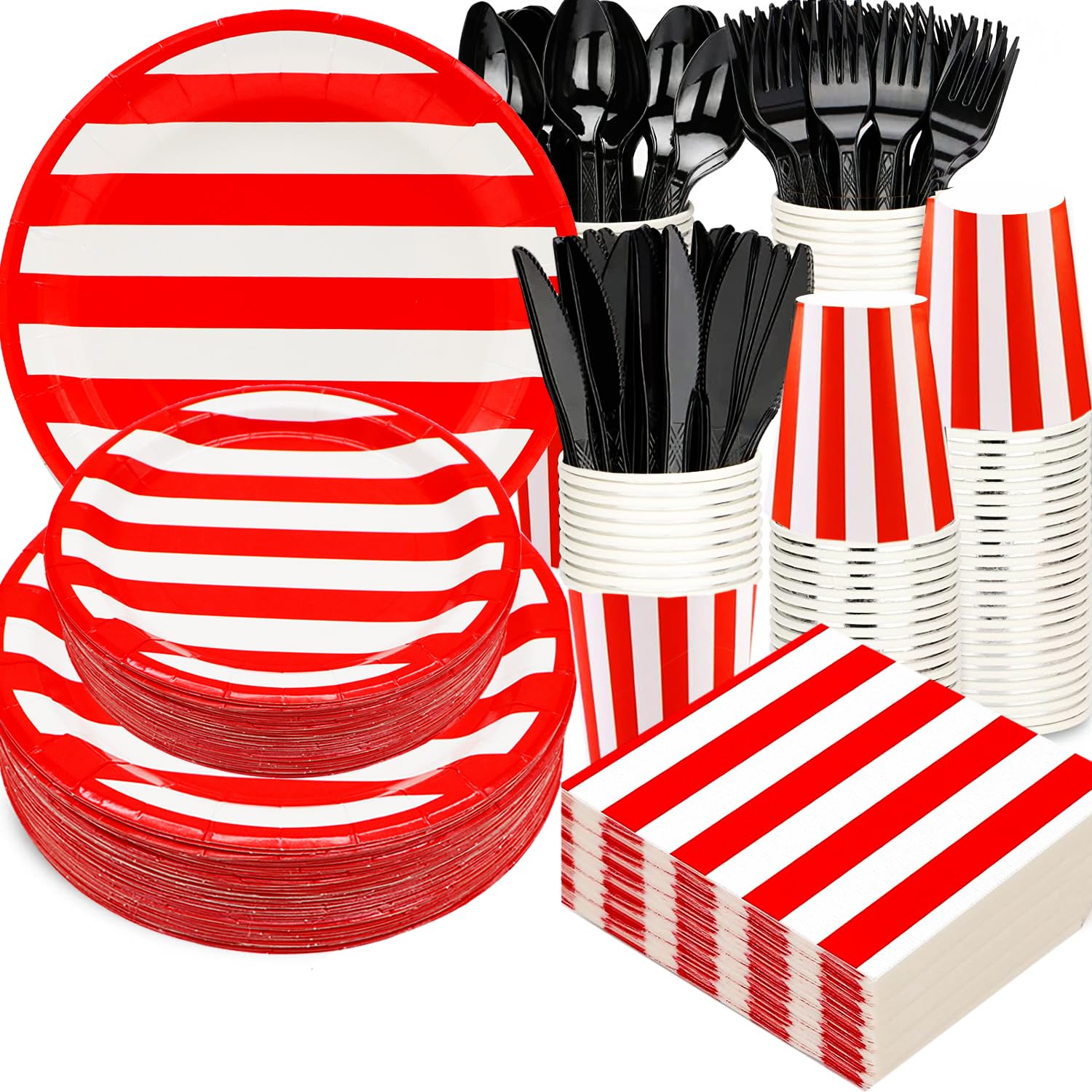 175Pcs Red and White Stripes Party Supplies Set 9"Red and White Striped Plates7"Red carnival Plates Napkins Cup Knive Fork Spoon for Striped Carnival Party Picnic BBQ Birthday Party Decor Serve25