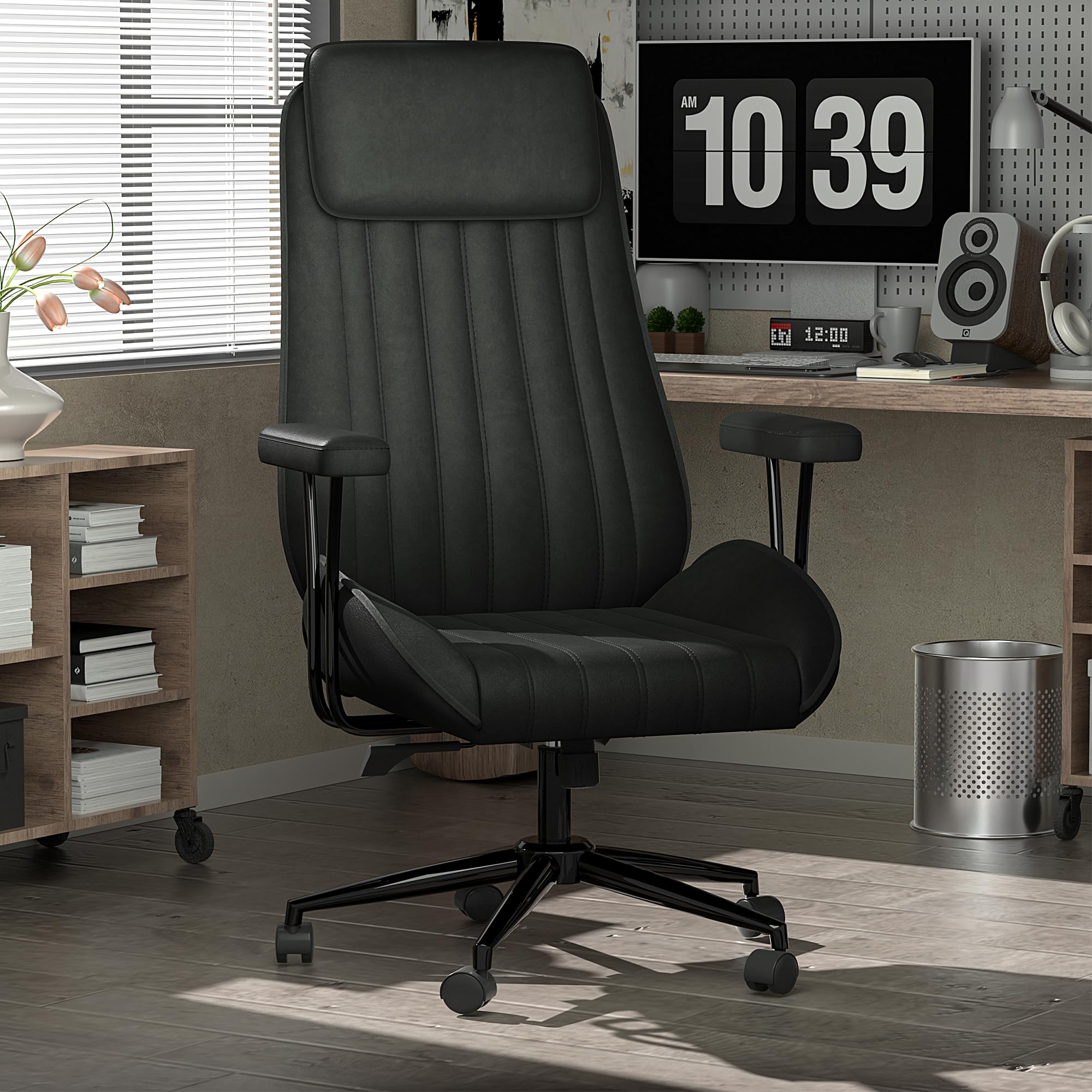 TAKSCO High Back Office Desk Chair, Comfy Ergonomic Suede Fabric Swivel Executive Office Desk Chair with Lumbar Support, Adjustable 90°-135° Recline Home Office Computer Desk Chairs with Arms, Black