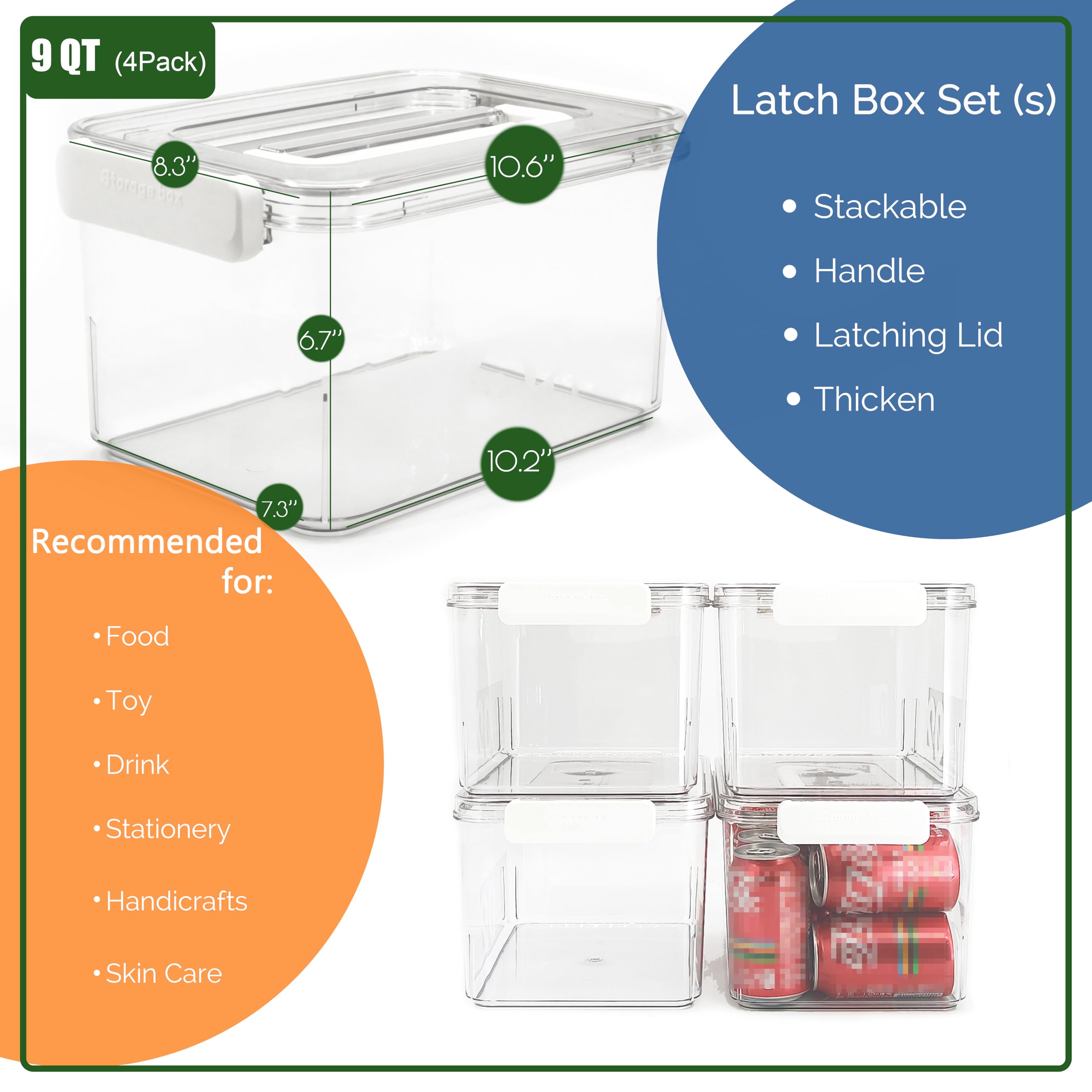 RETRONLY Clear Latch Boxes for Storage - 9 Qt Plastic Storage Containers with Lids, Clear Bins for Storage & Organizer, Storage Bins with Handle(36 QT, 4 Pack)