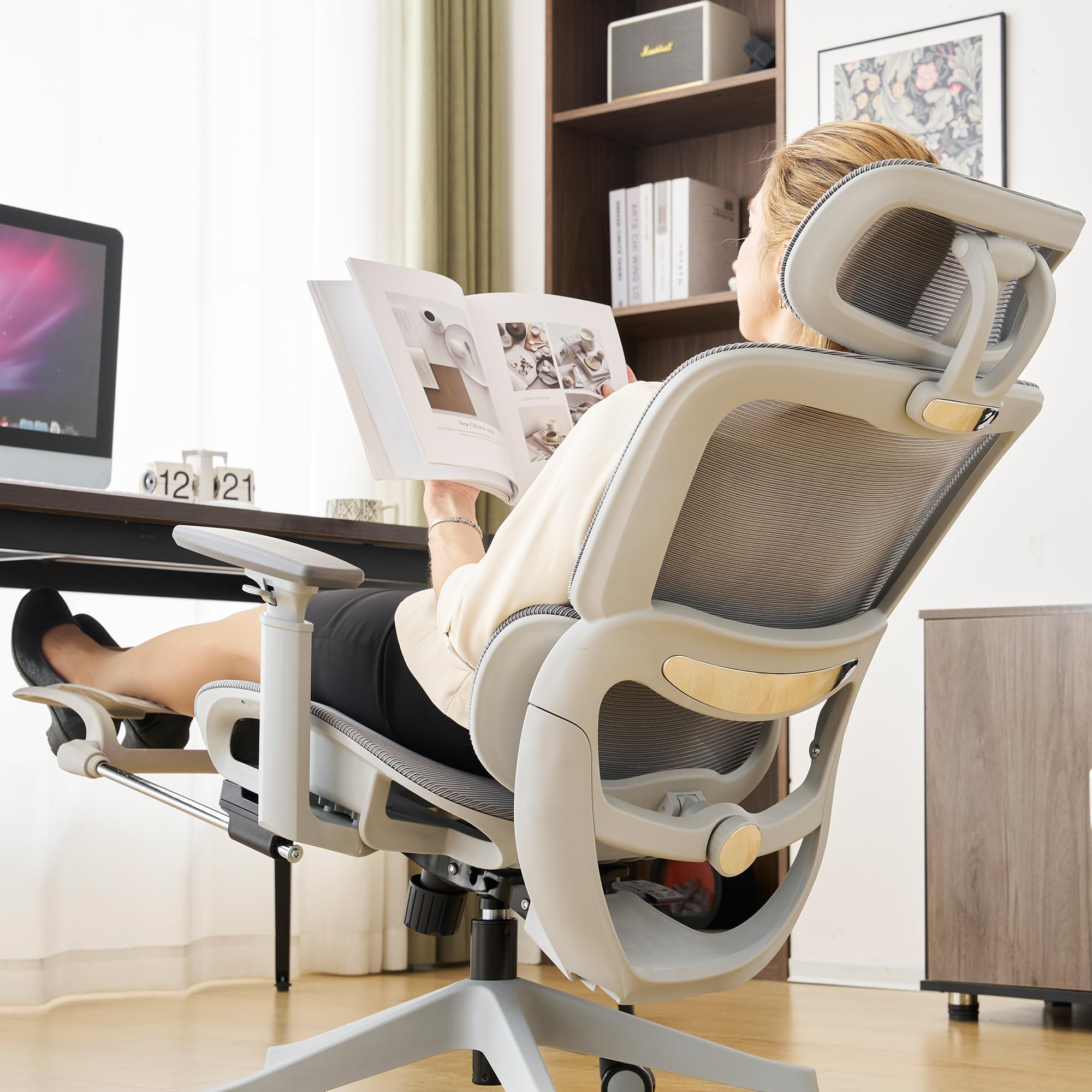 Gzagdecr Ergonomic Office Chair, High Back Gaming Chair with Footrest,Big and Tall Home Office Desk Chair,Mesh Computer Chair with Adjustable Lumbar Support,3D Armrests,Reclining(White-Gray)