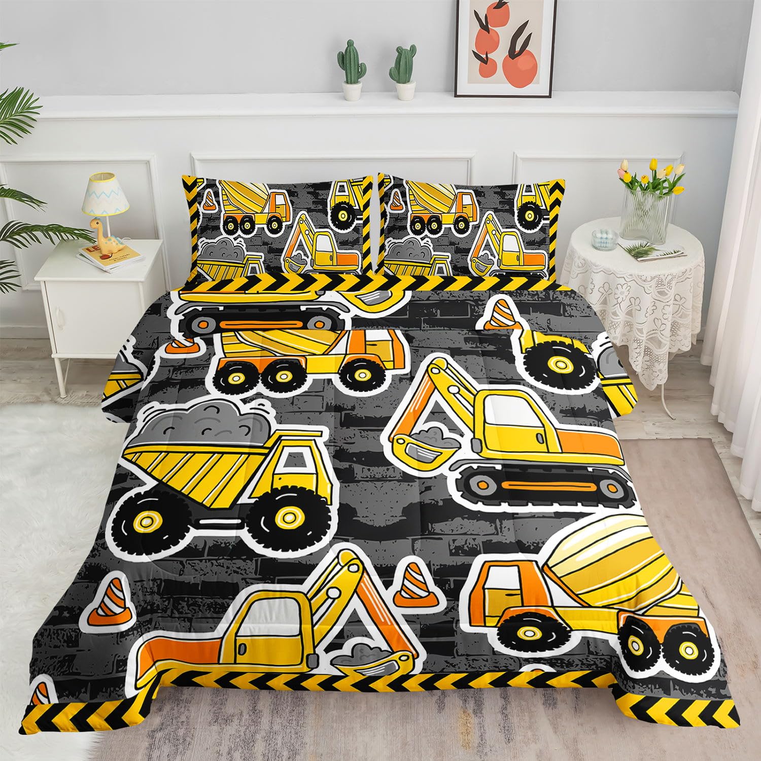 Smell Sunshine Construction Comforter Set Kids Excavator Car Printed Bedding Set with 1 Comforter and 2 Pillowcases for Boys and Girls Bedroom All Season(Car-4 Full)