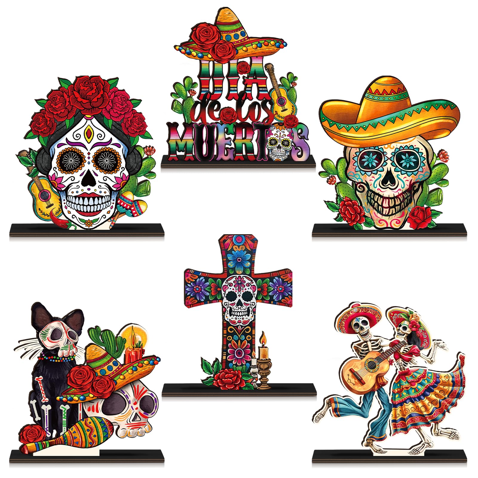 Amyhill 6 Pcs Day of the Dead Wooden Centerpiece Dancing Couple Sugar Skull Wooden Sign Dia De Muertos Table Decoration Day of the Dead Decor Catrinas Mexican Decor for Fiesta Carnival Halloween Party