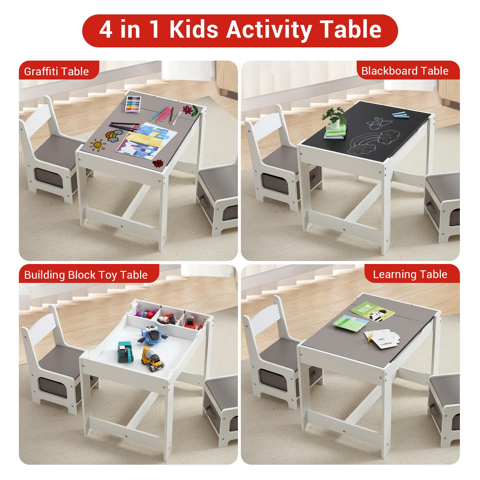 GarveeHome 4-in-1 Kids Activity Table Set, Kids Table and Chair Set with/Storage, Removable Tabletop, Chalkboard, 3-Piece Toddler Furniture Set for Art, Crafts, Drawing, Reading, Playroom