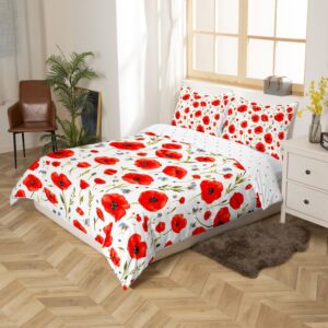 Feelyou Red Poppy Bedding Duvet Cover Set King Size Floral Flower Blossom Printed Bedding Set for Kids Boys Botanical Branches Comforter Cover Set Spring Garden Bedspread Cover,No Comforter