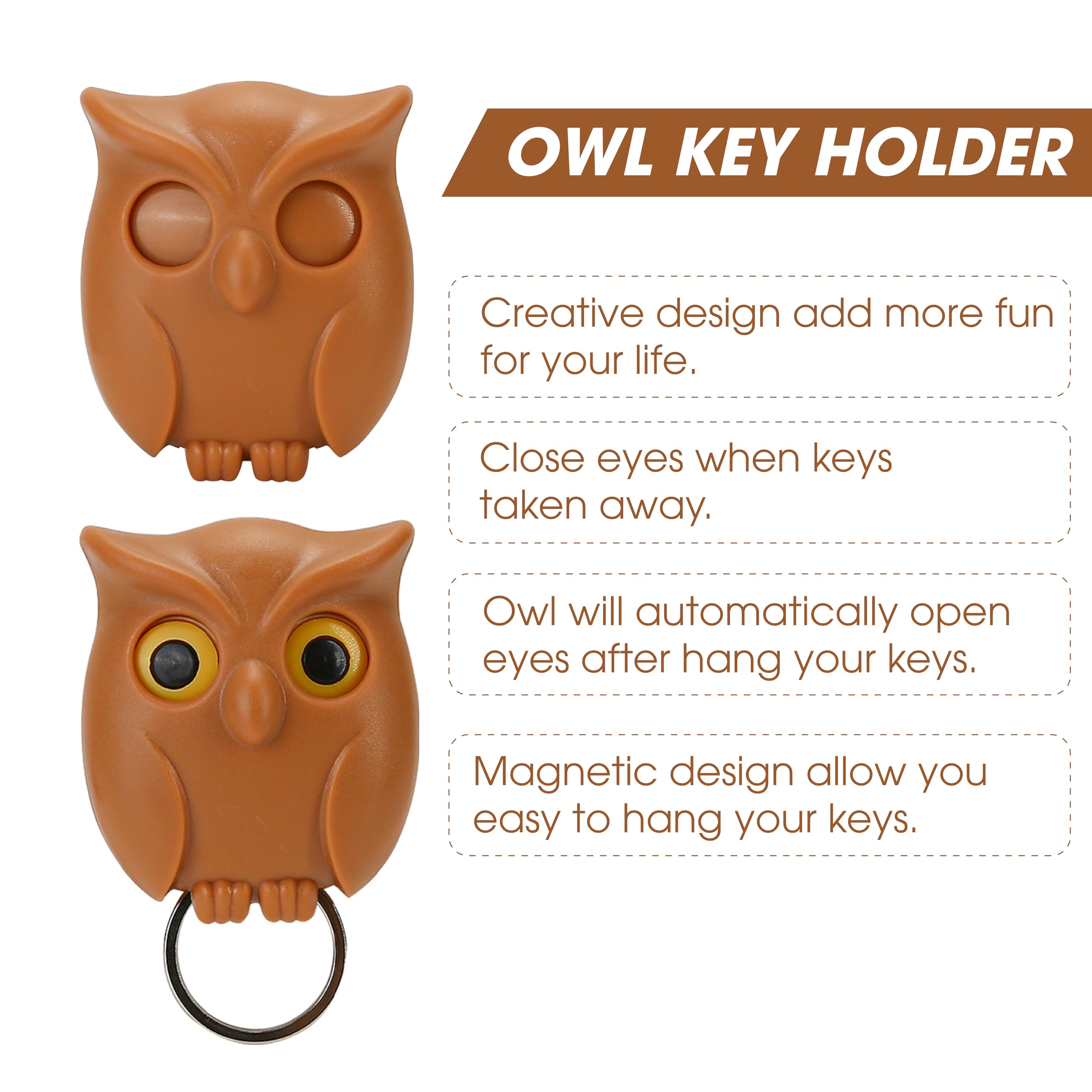 BuleVina 3PCS Owl Keychain Key Holder Night Magnetic Hanger Cute Automatic Open Close Eyes 2024 New Keying Holder Wall Mounted Hooks with Self-Adhesive Tape Chain Ring for Mount