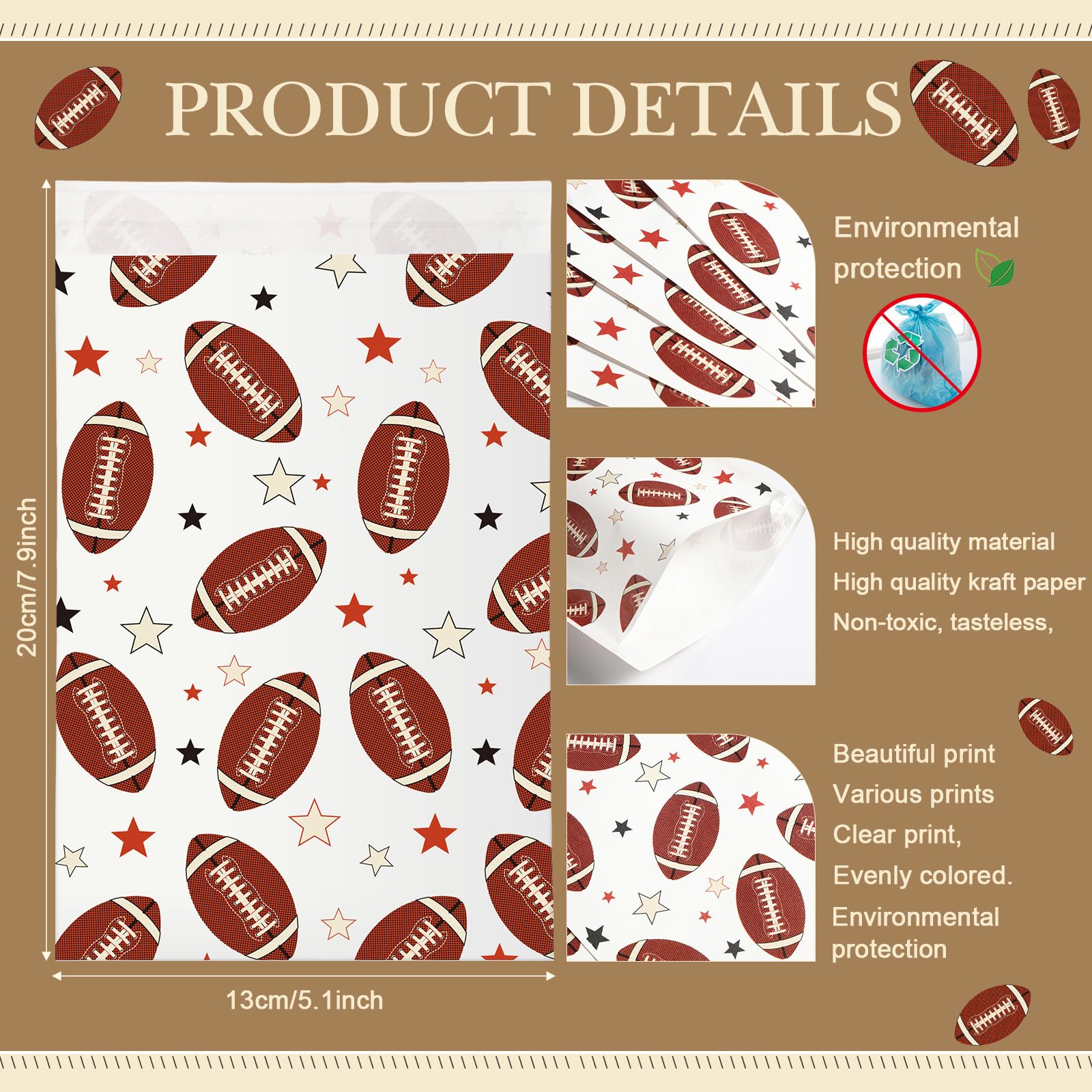 Pasimy 100 Pcs Football Treat Bags Football Candy Bags Football Goodie Cookie Bags Self Adhesive Kraft Paper Football Snack Bags Football Gift Bags for Football Party Favor Bags Supplies Decor