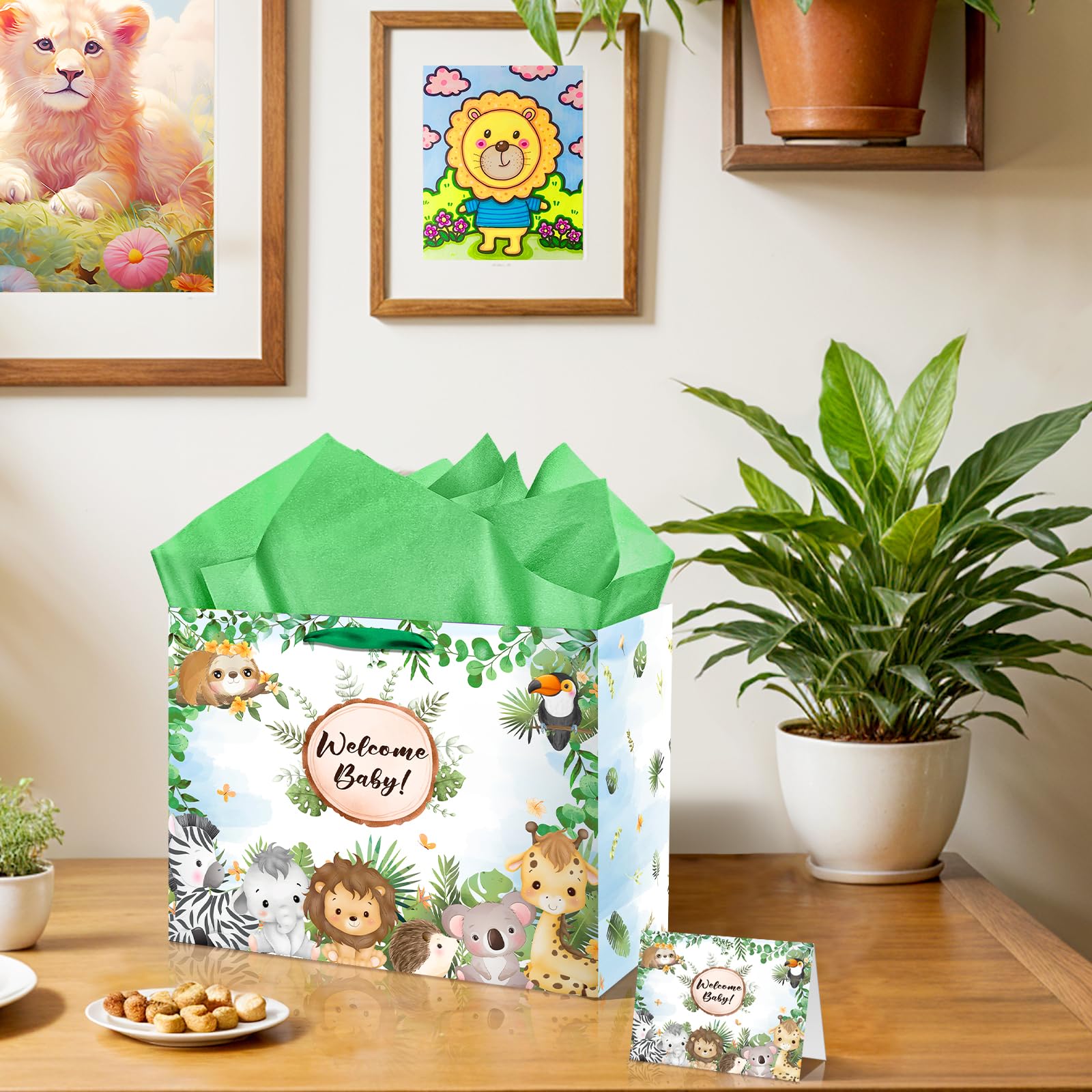 Baby Jungle Animals Gift Bag Green Welcome Baby Gift Bag Safari Baby Shower Wild Animal Paper Bags Newborn Birthday Wrapping Bag with Tissue Paper and Greeting Card for New Parents Gender Reveal Party