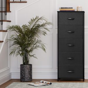 Pellebant Dresser for Bedroom with 5 Drawers, Tall Dresser Vertical Storage Tower, Sturdy Metal Frame, Fabric Storage Bins with Plastic Handle and Wooden Top, Organizer Unit for Closet/Hallway, Black