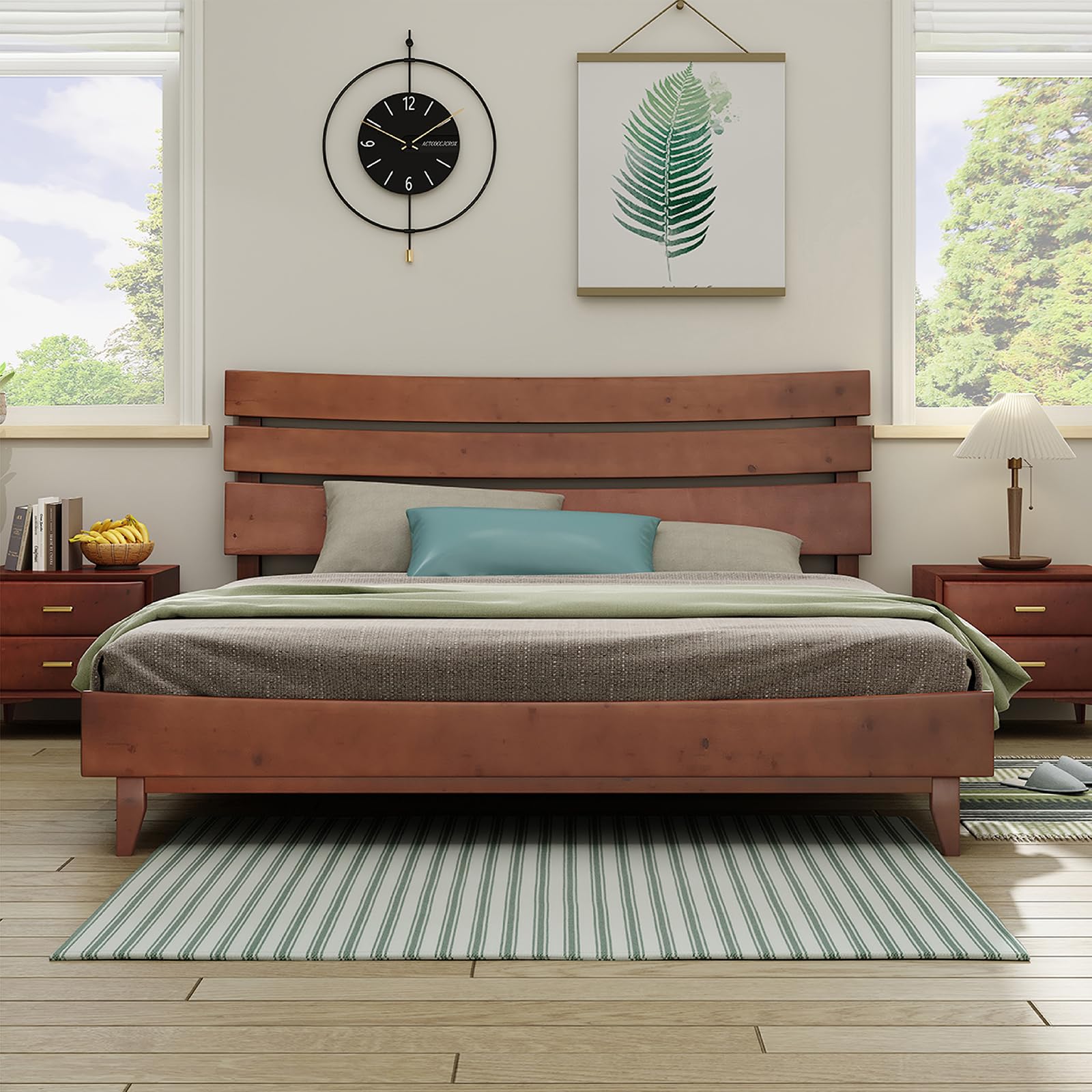 LUXOAK Solid Wood Bed Frame with Headboard, 14 inch Queen Size Japanese Bed Frame, Mid-Century Platform Bed, Solid Wood Slats Support, No Box Spring Needed, Easy Assembly, Walnut