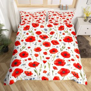 Feelyou Red Poppy Bedding Duvet Cover Set King Size Floral Flower Blossom Printed Bedding Set for Kids Boys Botanical Branches Comforter Cover Set Spring Garden Bedspread Cover,No Comforter