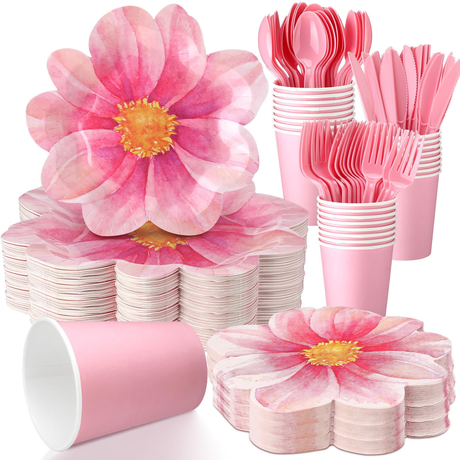 Sieral 144 Pcs Flower Party Supplies Include Disposable Flower Paper Plates Decorative Pink Floral Plates Napkins Cups and Cutlery for Bridal Baby Shower Wedding Birthday Summer Tableware Decoration