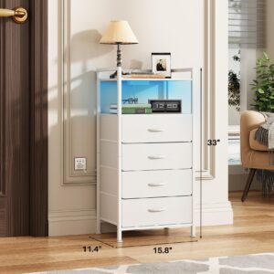 Kitstorack Night Stand with Charger Station and LED Light White Nightstand with Drawers Bedside Table Tall Nightstand 4 Fabric Drawers