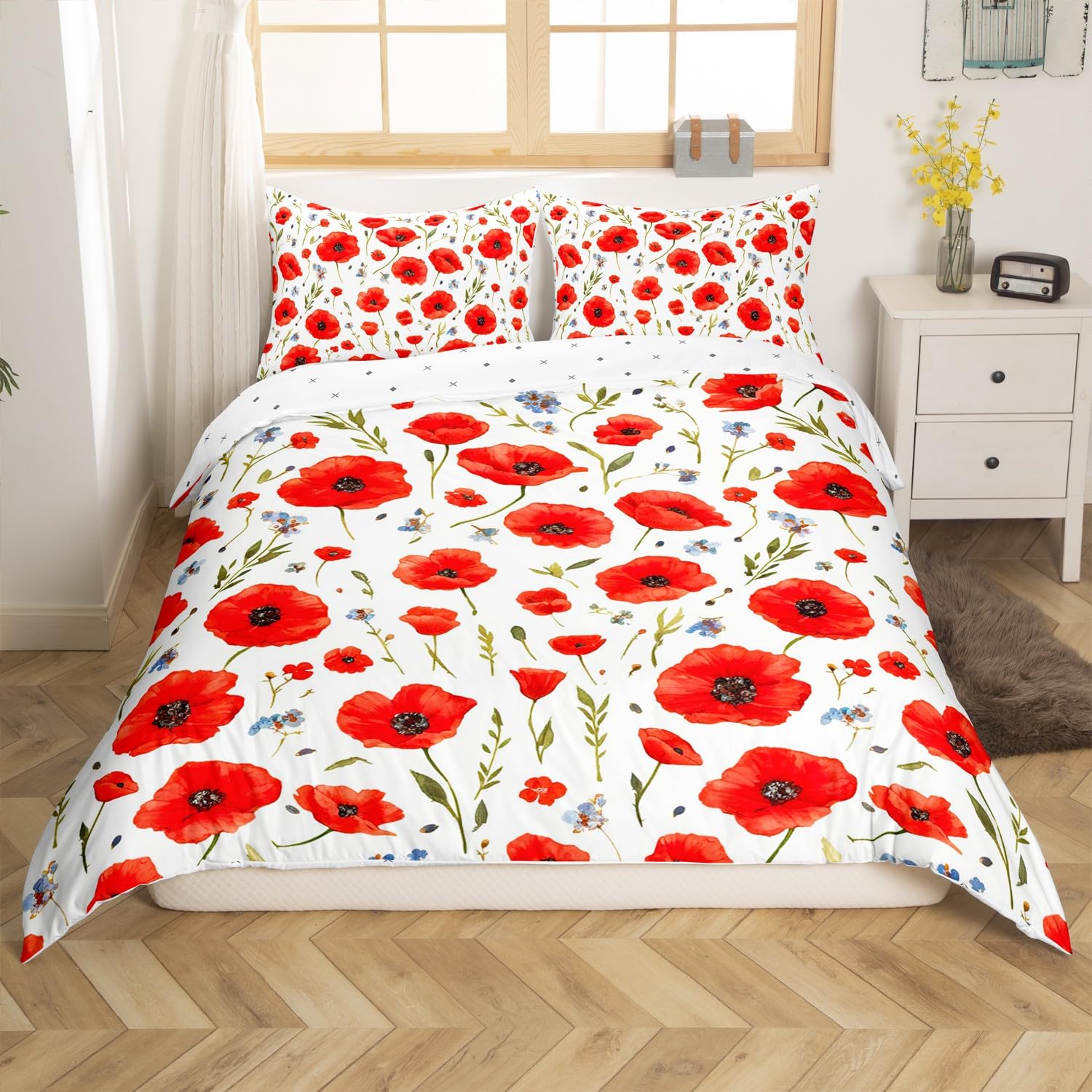 Feelyou Red Poppy Bedding Duvet Cover Set King Size Floral Flower Blossom Printed Bedding Set for Kids Boys Botanical Branches Comforter Cover Set Spring Garden Bedspread Cover,No Comforter