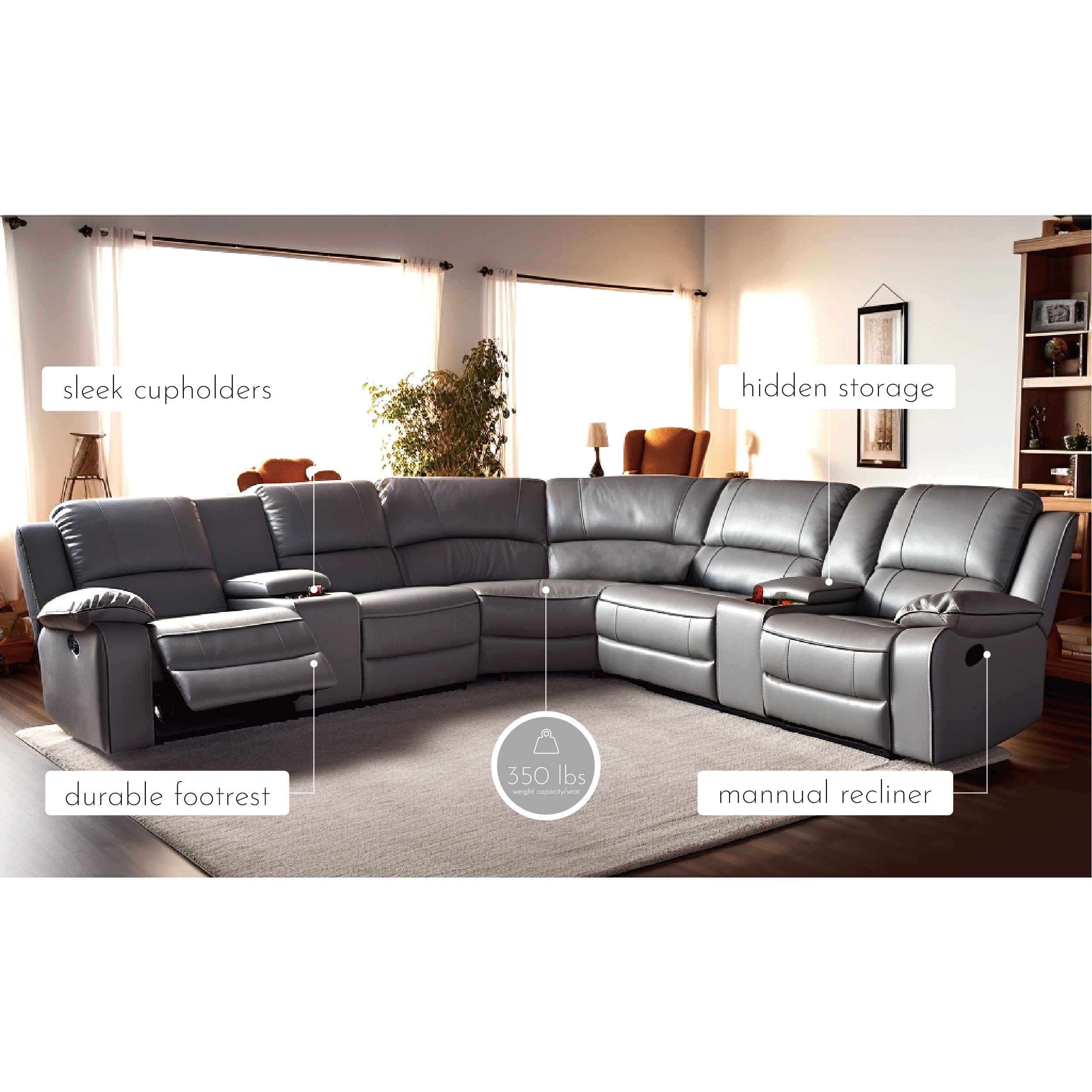 LY&S Home Collection Sectional Reclining Sofa, Sectional Couches for Living Room, Modular Manual PU Leather Recliner Sofa Livingroom Furniture Sets (Grey)