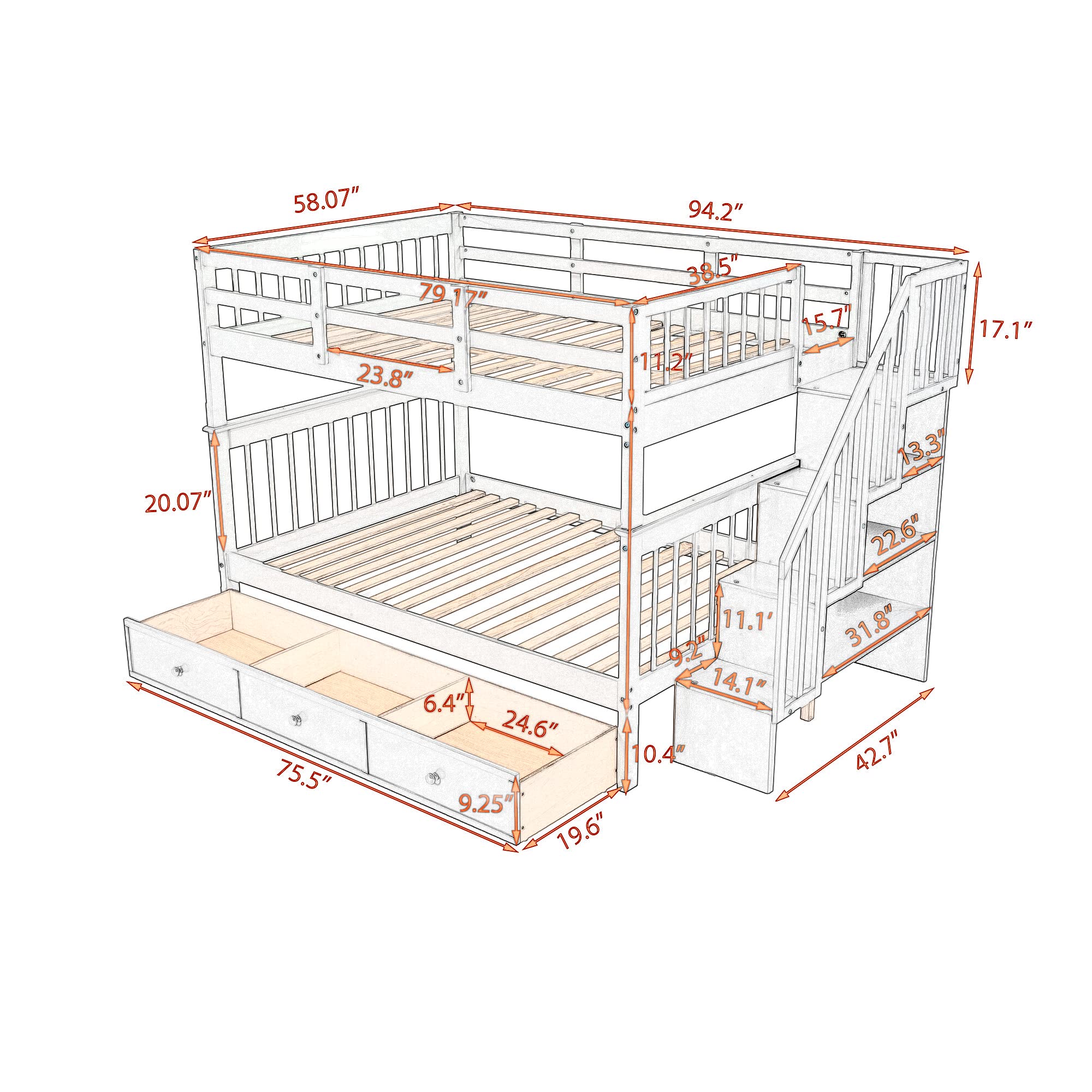 Harper & Bright Designs Full Over Full Bunk Bed with Storage, Solid Wood Full Bunk Bed Frame with Stairs and Drawers, for Kids Teens Adults (Gray)