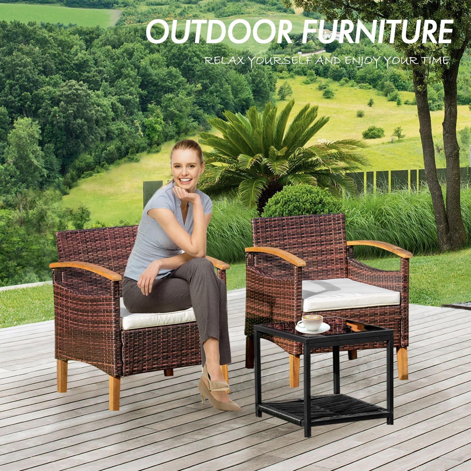 YEEFY 3 Piece Outdoor Patio Furniture Set Outdoor Furniture Set with Table Outside Lawn Patio Chairs Set of 2 Patio Conversation Sets Bistro Wicker Patio Set for Backyard Porch Balcony Garden (Brown)