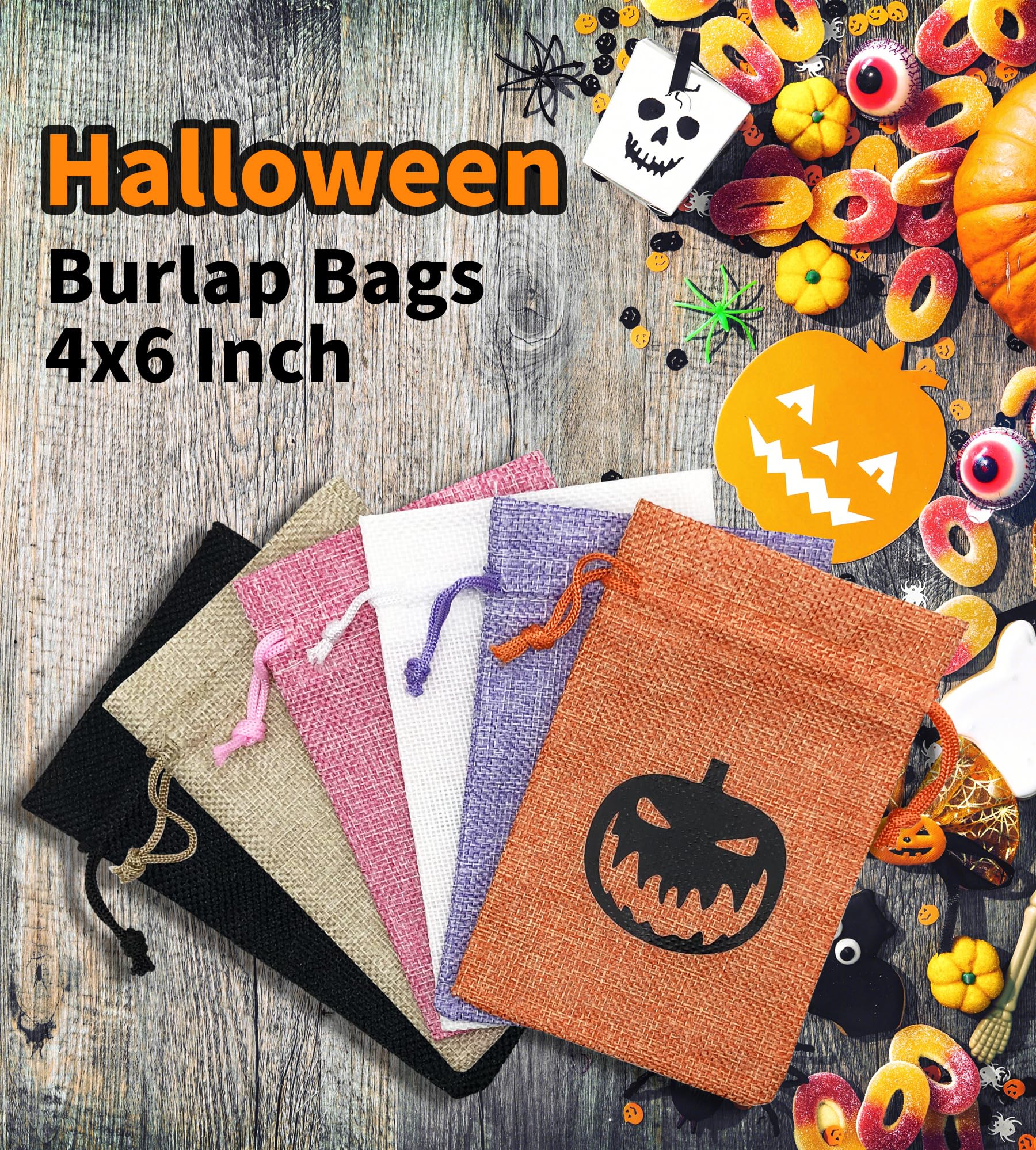 Jexila 24 Pack Halloween Burlap Gift Bags Small Halloween Treat Bag with Drawstring Linen Jute Halloween Goodie Candy Bags for Kids Trick or Treat Halloween Party Favor