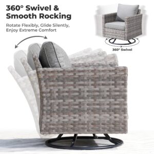 ovios 9 Pieces Patio Furniture Set, Outdoor Sectional Sofa with Swivel Rocking Chair, 42" Fire Pit Table, Wide Arms and Deep Seat, Modular Wicker Rattan Conversation Set, Dark Grey