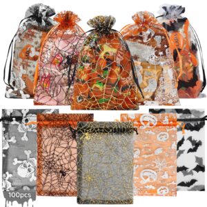 shintop 100pcs halloween organza treat bags, 4x6inch small goodie bags drawstring candy bags mesh gift pouches for candies trick or treat