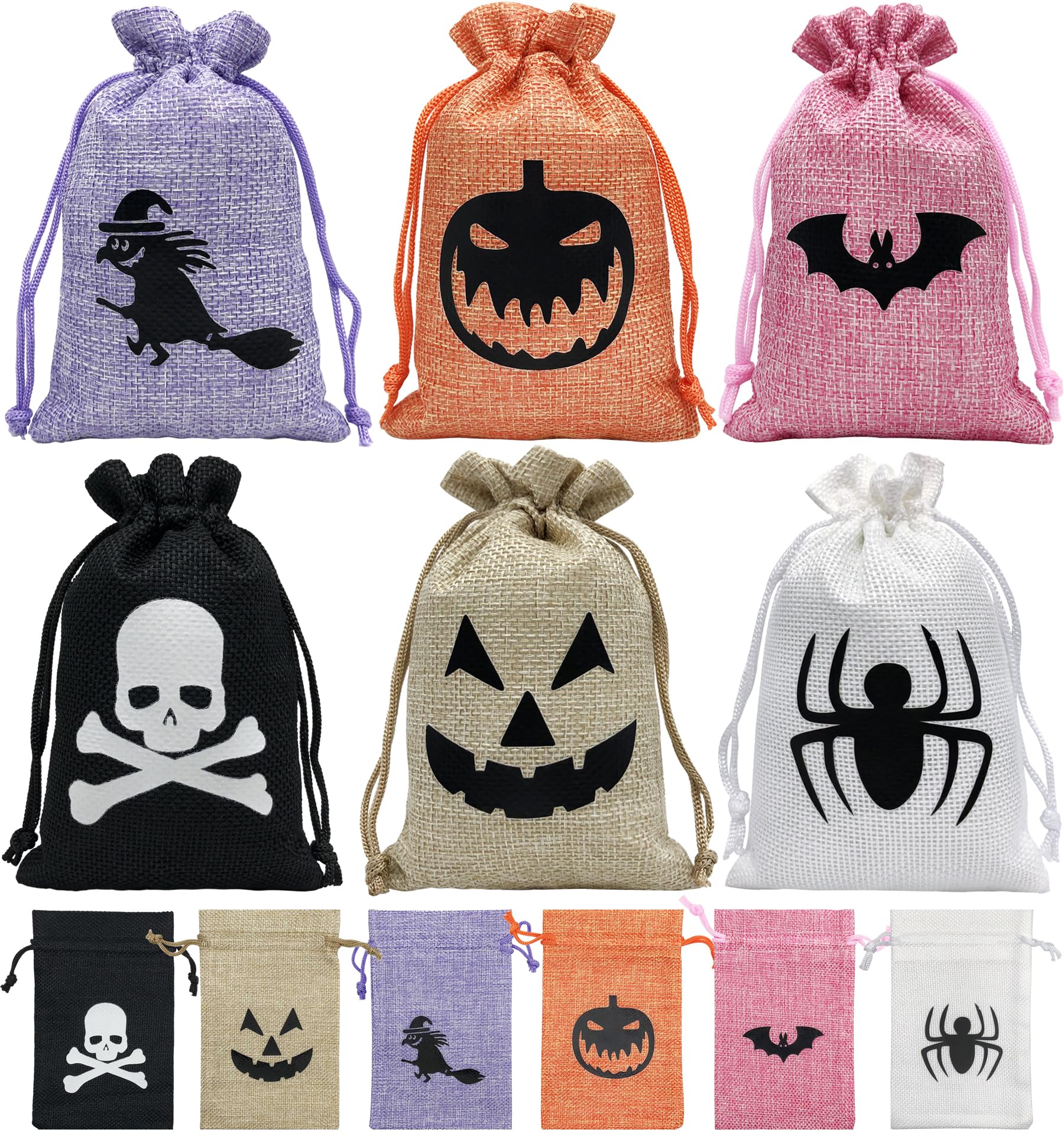 Jexila 24 Pack Halloween Burlap Gift Bags Small Halloween Treat Bag with Drawstring Linen Jute Halloween Goodie Candy Bags for Kids Trick or Treat Halloween Party Favor