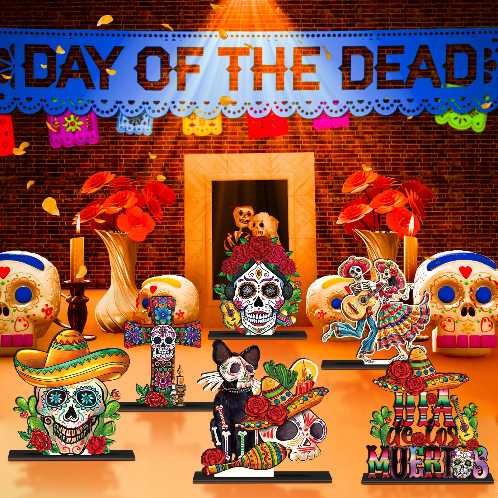 Amyhill 6 Pcs Day of the Dead Wooden Centerpiece Dancing Couple Sugar Skull Wooden Sign Dia De Muertos Table Decoration Day of the Dead Decor Catrinas Mexican Decor for Fiesta Carnival Halloween Party