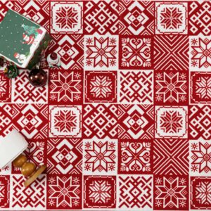 WondRg Christmas Area Rug 8x10 Red Snowflake Checkered Decorative Living Room Bedroom Throw Rug Washable Non Slip Soft Low Pile Large Carpet for Kitchen Entryway Dining Room Home Decor