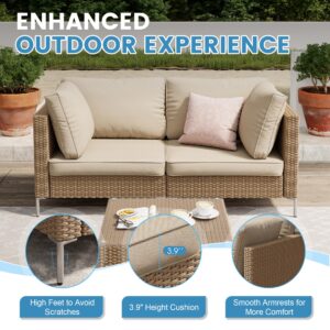 DIFY Outdoor Furniture Patio Set 7 Pieces Wicker Rattan Conversation Set with Thickened Cushions and Coffee Table, Sectional Sofa Set for Porch Deck Garden, Oak