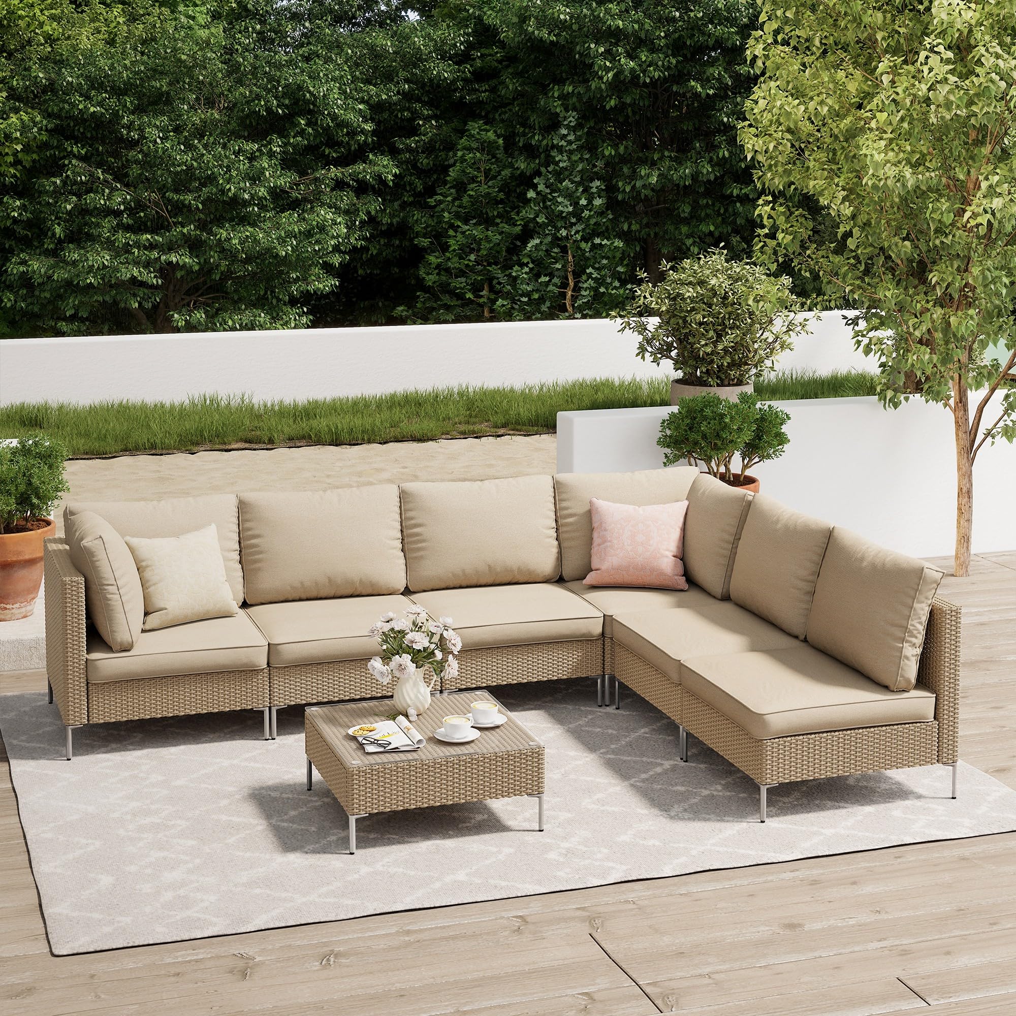 DIFY Outdoor Furniture Patio Set 7 Pieces Wicker Rattan Conversation Set with Thickened Cushions and Coffee Table, Sectional Sofa Set for Porch Deck Garden, Oak