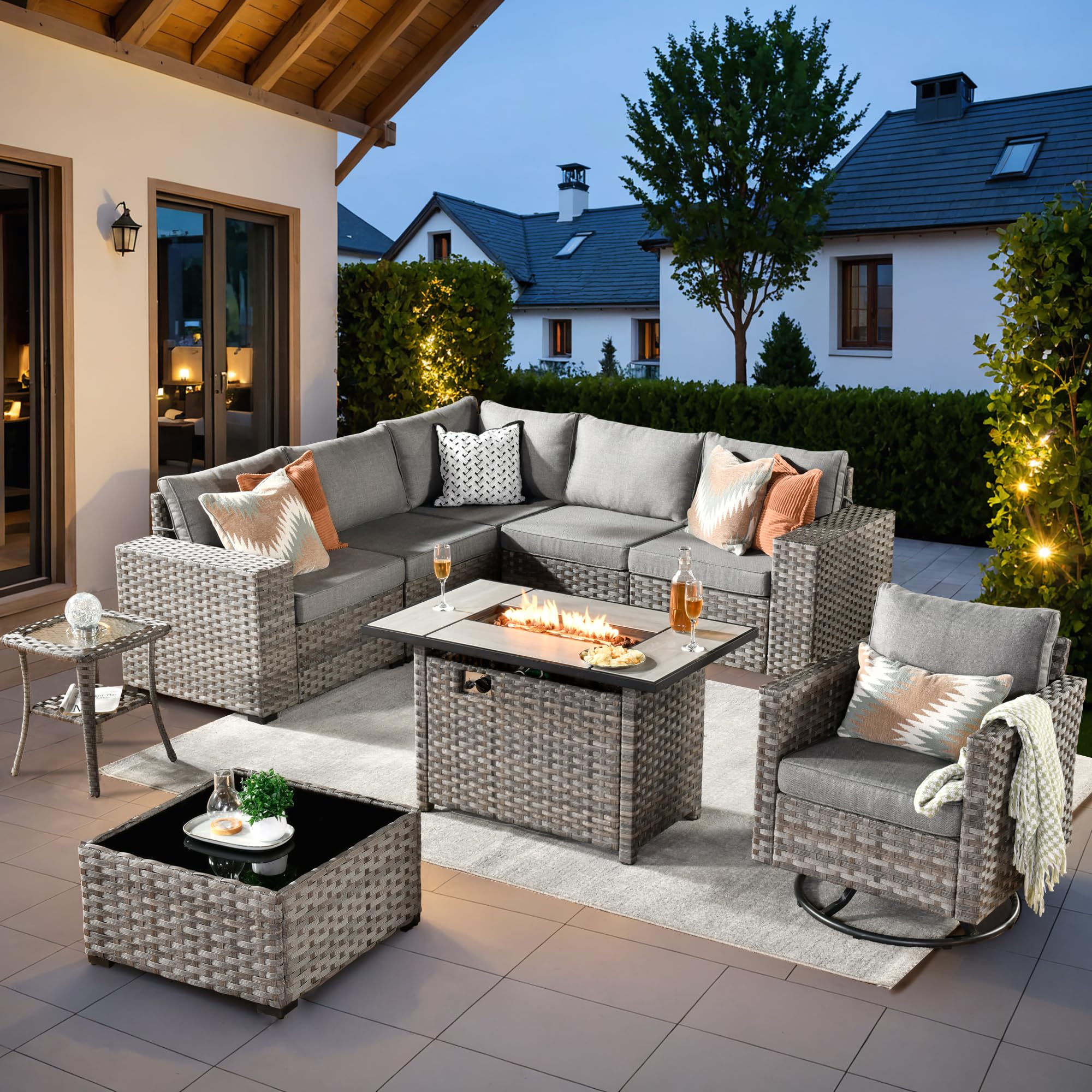 ovios 9 Pieces Patio Furniture Set, Outdoor Sectional Sofa with Swivel Rocking Chair, 42" Fire Pit Table, Wide Arms and Deep Seat, Modular Wicker Rattan Conversation Set, Dark Grey