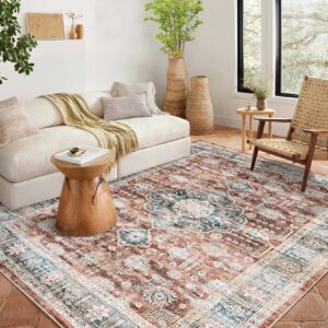 cozyloom washable rug 9x12 area rugs for living room large vintage farmhouse rug boho soft bedroom rugs non-slip non-shedding medallion distressed carpet for playroom nursery home office dorm rust