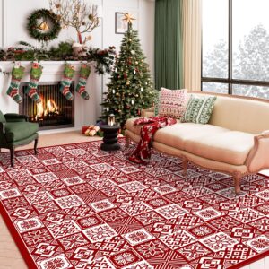 wondrg christmas area rug 8x10 red snowflake checkered decorative living room bedroom throw rug washable non slip soft low pile large carpet for kitchen entryway dining room home decor