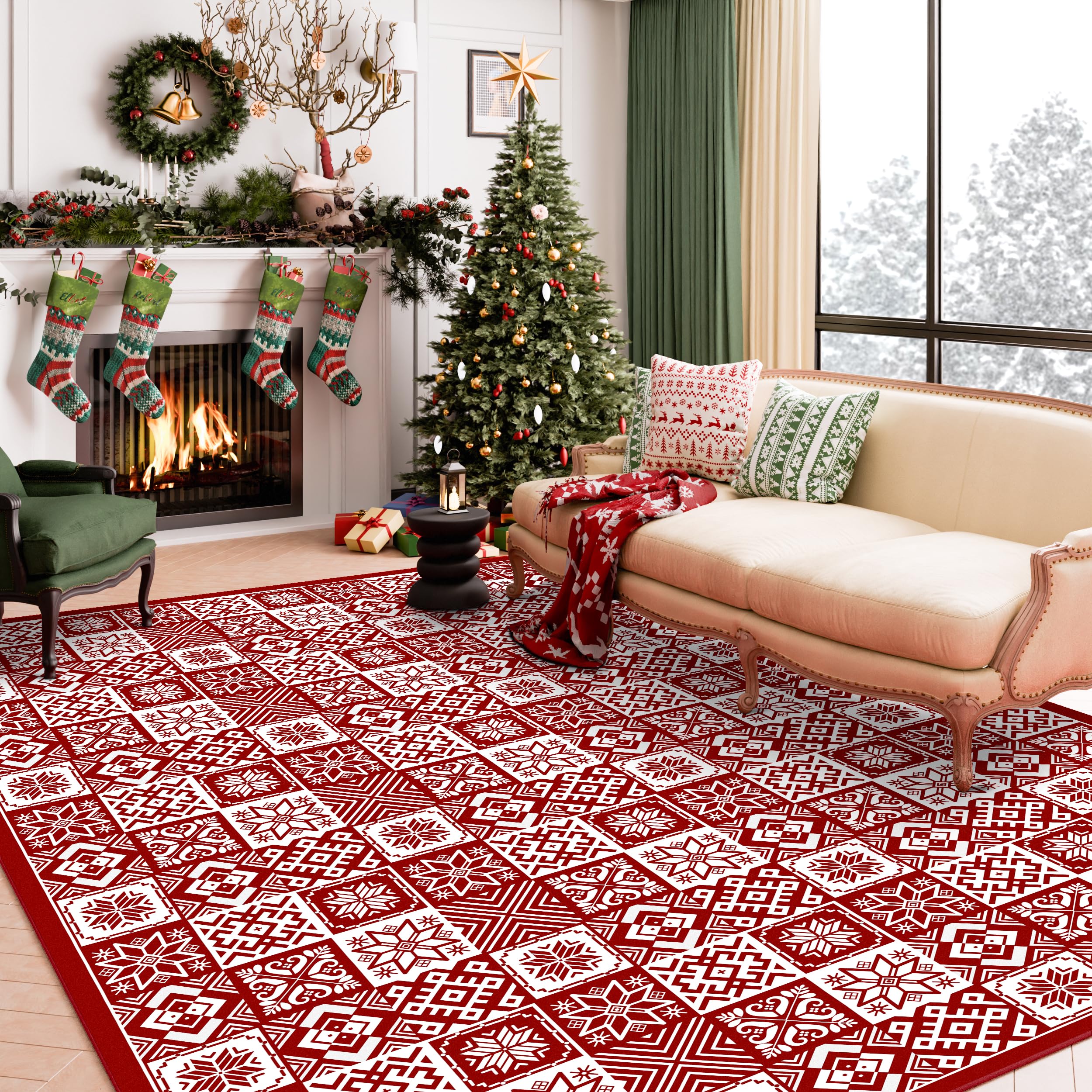 WondRg Christmas Area Rug 8x10 Red Snowflake Checkered Decorative Living Room Bedroom Throw Rug Washable Non Slip Soft Low Pile Large Carpet for Kitchen Entryway Dining Room Home Decor