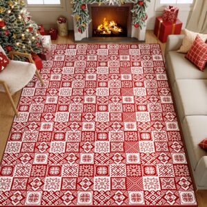 WondRg Christmas Area Rug 8x10 Red Snowflake Checkered Decorative Living Room Bedroom Throw Rug Washable Non Slip Soft Low Pile Large Carpet for Kitchen Entryway Dining Room Home Decor