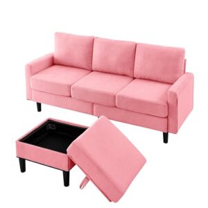 LOPOO Modern Upholstered Sectional Sofa Couch, L Shaped Couch with Storage, Reversible Ottoman Bench, 3 Seater for Living Room, Apartment, Compact Spaces, Soft Foam & Cotton Filling, Pink