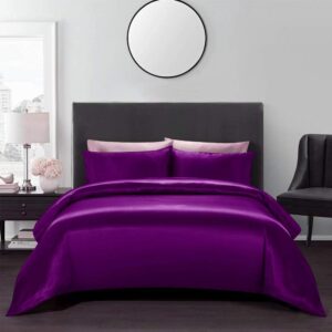 Opulence Bedding Satin Duvet Fitted Set, Ultra Soft Silky Satin 4 Pieces Duvet Cover Sets (1 Duvet Cover + 1 Fitted Sheet 15" Deep + 2 Pillow Shams),California King Size,Purple