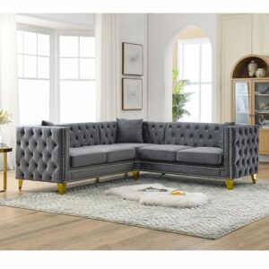 erye l-shaped symmetrical sectional sofa couch clasic velvet upholstered tufted 5 seater sofa&couch w/button armrests,metal legs,nailhead decor and 3 pillows for living room, 82.2", gray-012