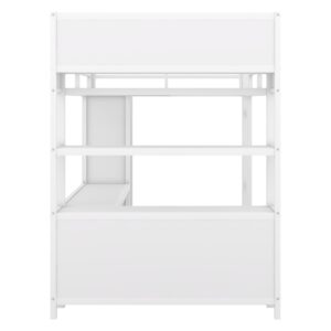 SOFTSEA Full Size Loft Bed with L Shaped Desk and Wardrobe, Heavy Duty Metal Loft Bed Frame with Storage Cubes and Shelves, Full Loft Bed for Kids Adults Bedroom, No Box Spring Needed, White