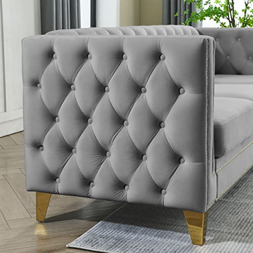 ERYE L-Shaped Symmetrical Sectional Sofa Couch Clasic Velvet Upholstered Tufted 5 Seater Sofa&Couch W/Button Armrests,Metal Legs,Nailhead Decor and 3 Pillows for Living Room, 82.2", Gray-012