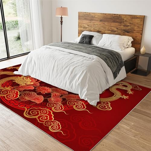 KOMEJIE Chinese Style Dragon Area Rugs, Red Traditional Classic Rug for Bedroom, Non Slip Easy Clean Soft Carpet for Hallway Floor Living Room 2 x 5 ft