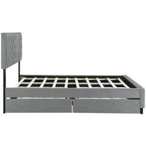 Linique Queen Size Upholstered Platform Bed with Headboard, Trundle and 2 Storage Drawers, Wooden Bed Frame, Grey