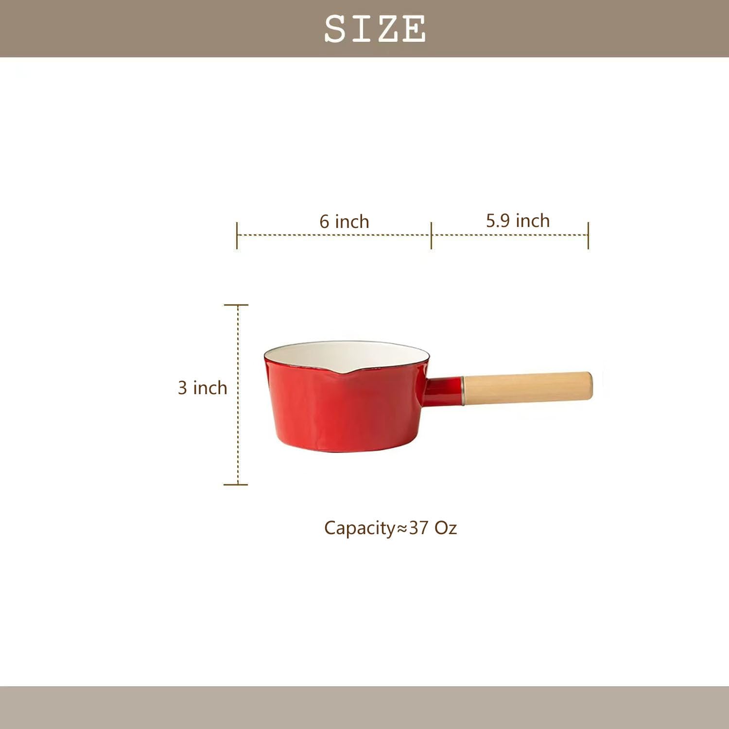 FYUEROPA Enamel Milk Pot, Butter Warmer Non-stick Saucepan, 6 Inch 37 Oz Cookware with Wooden Handle (Red)