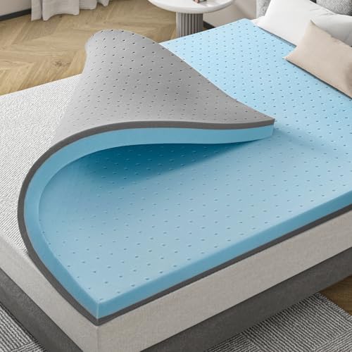 Maxzzz 3 Inch Memory Foam Queen Mattress Topper - Medium Firm Cooling Gel-Infused Memory Foam - Pressure Relieving - Dorm Room Essentials - CertiPUR Certified-Queen, Blue