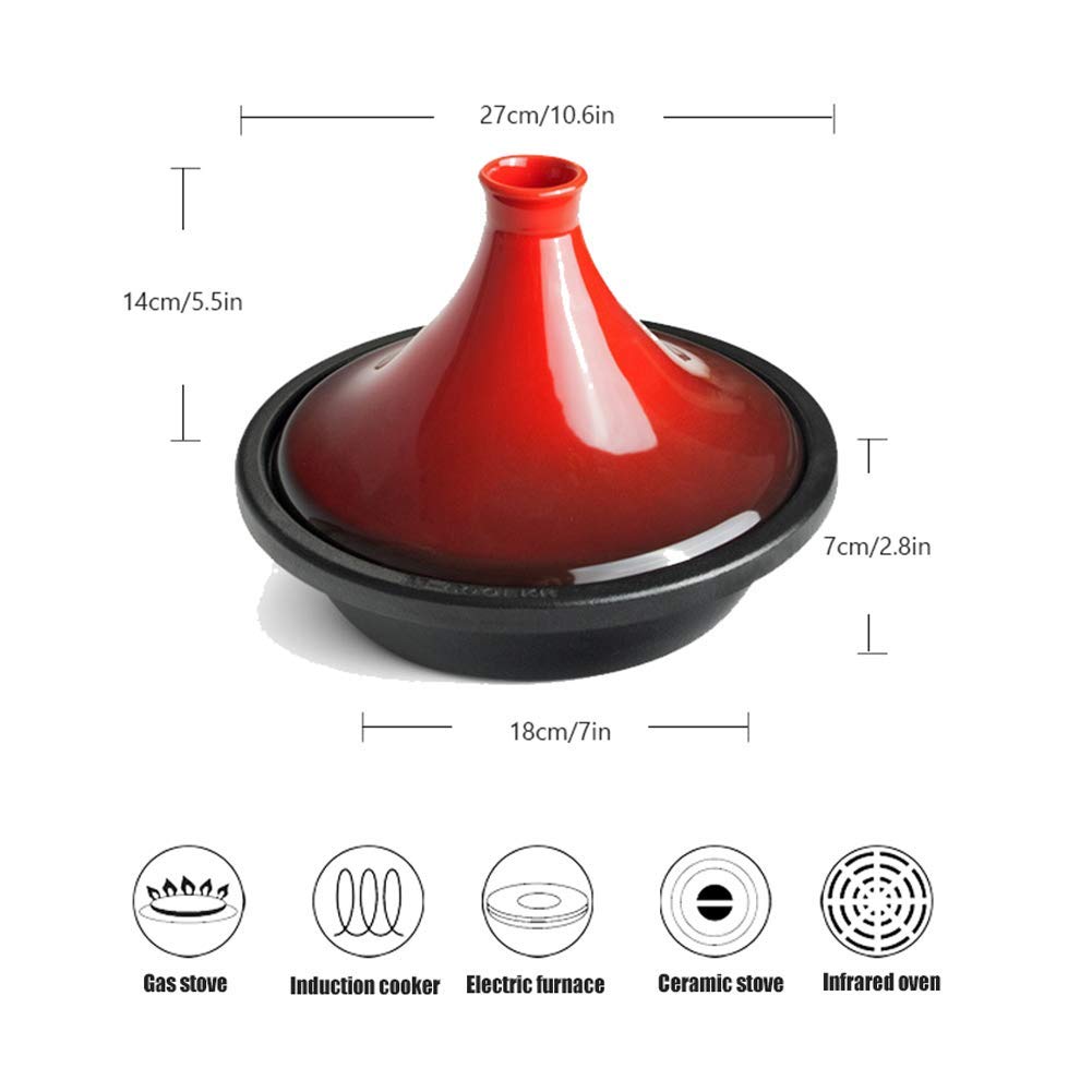 UWEREBFM Casserole Dishes with Lids 10.6"" Cast Iron Tagine Pot, Large Cooking Tagine, Tajine with Enameled Cast Iron Base and Cone-Shaped Lid with Anti-Hot Silicone Gloves Cassero, Red