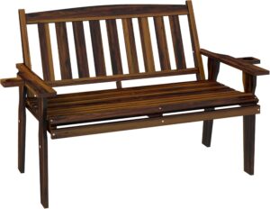 baivakon wood outdoor bench, 2-person garden bench with cupholder armrests, slatted seat and backrest, park bench for patio, porch, lawn, deck, carbonized